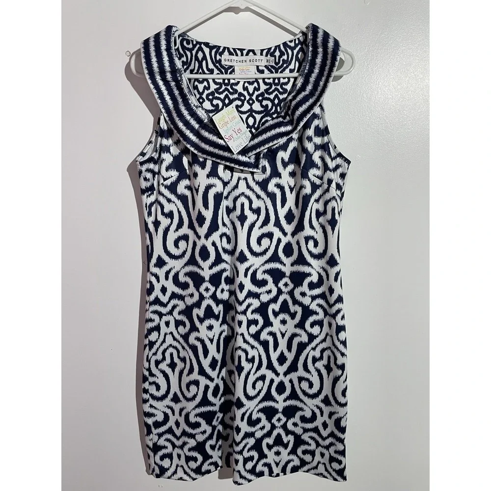 Gretchen Scott Dress M Navy‎ Ruffneck Jersey Knit Feminine Brunch Party Travel